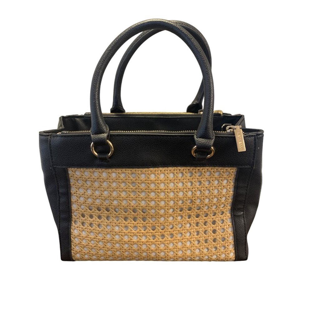 Anne Klein Black & Tan Leather Woven Straw Handbag with Gold Accents - Picture 2 of 8